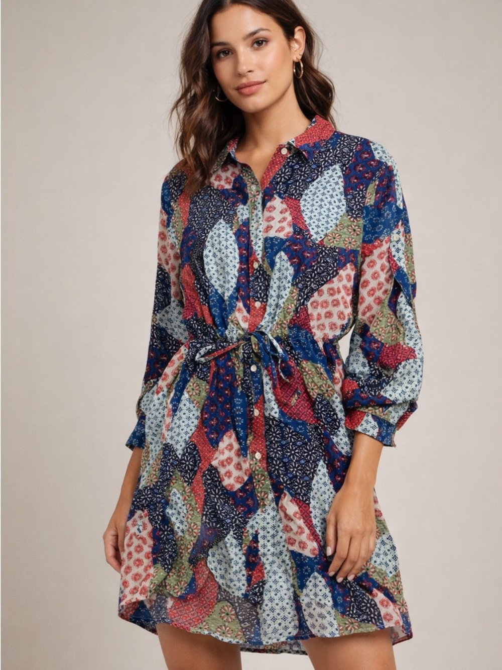 Patchwork Shirt Dress Boho Cottagecore Button Down Size L Artsy Chic